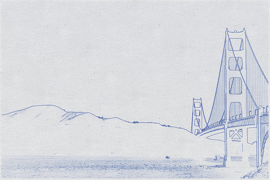 Architecture Digital Art - Blueprint drawing of Golden Gate bridge_0003 #2 by Celestial Images