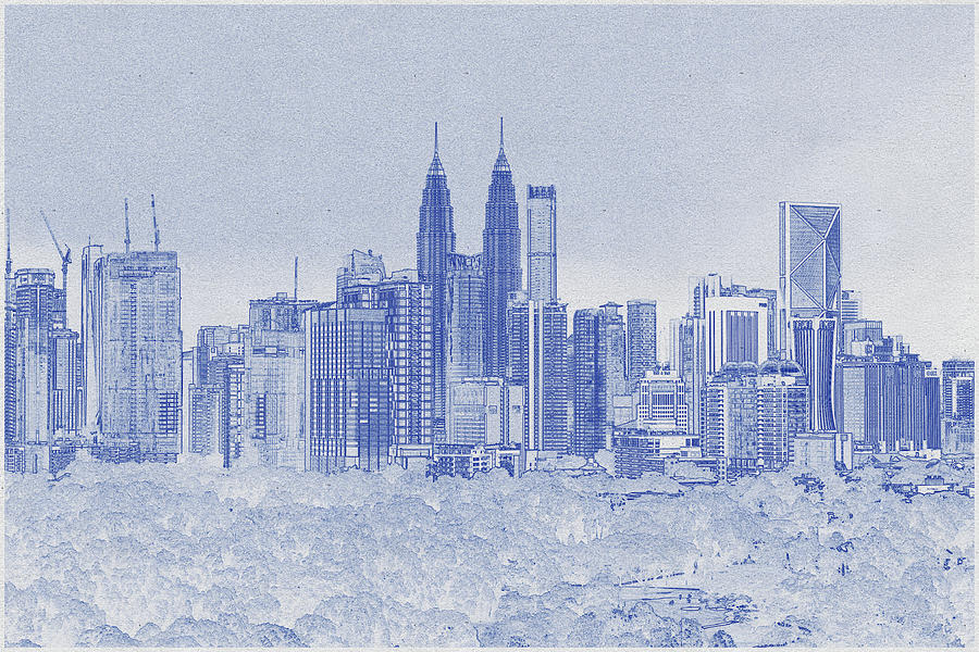 Architecture Digital Art - Blueprint drawing of High-rise Buildings of Kuala Lumpur #2 by Celestial Images