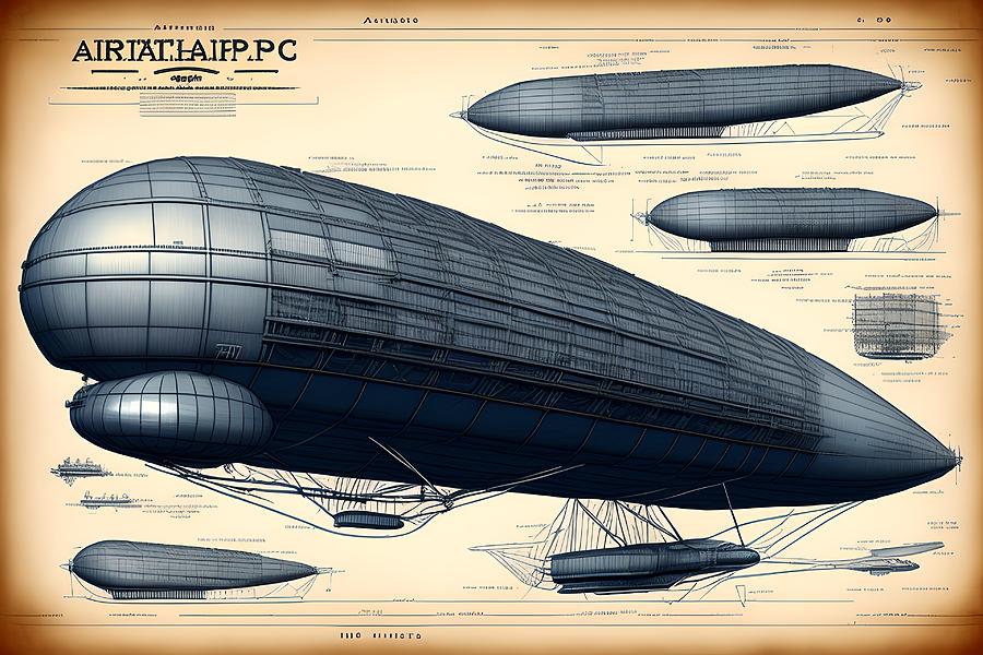 Blueprint of Vintage Airship, Generative AI Illustration Digital Art by ...