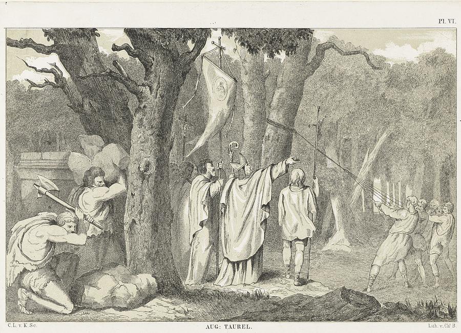 Boniface has the Sacred Forest cut down, c. 740, #1 Painting by MotionAge Designs