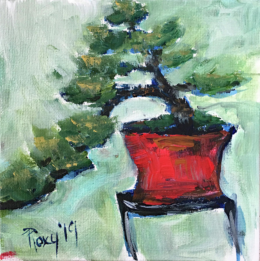 Bonsai in a Red Pot Painting by Roxy Rich