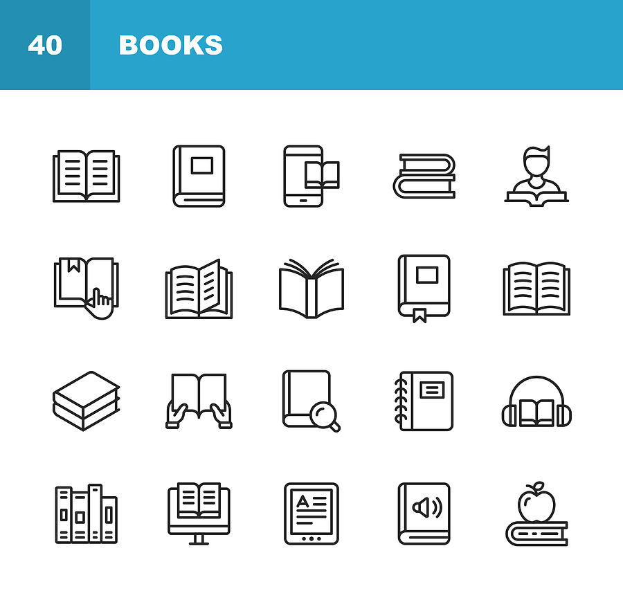 Book Line Icons. Editable Stroke. Pixel Perfect. For Mobile and Web. Contains such icons as Book, Open Book, Notebook, Reading, Writing, E-Learning, Audiobook. #1 Drawing by Rambo182