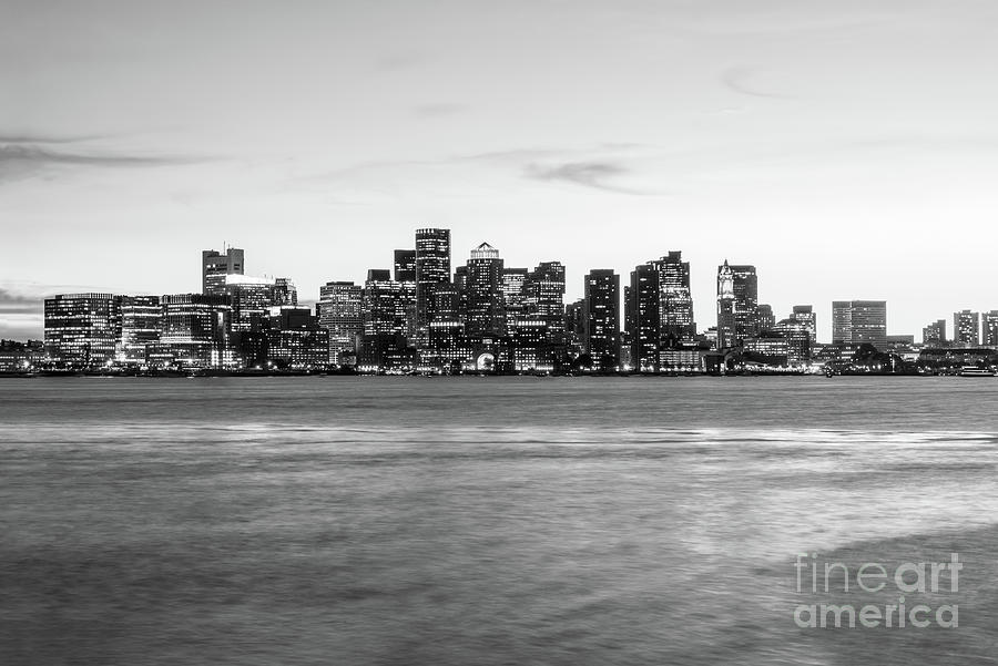Boston Skyline Cityscape at Night Black and White #1 Photograph by Paul Velgos