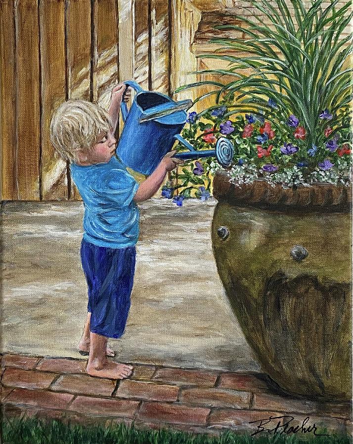 Boy watering Flowers #1 Painting by Bonnie Peacher