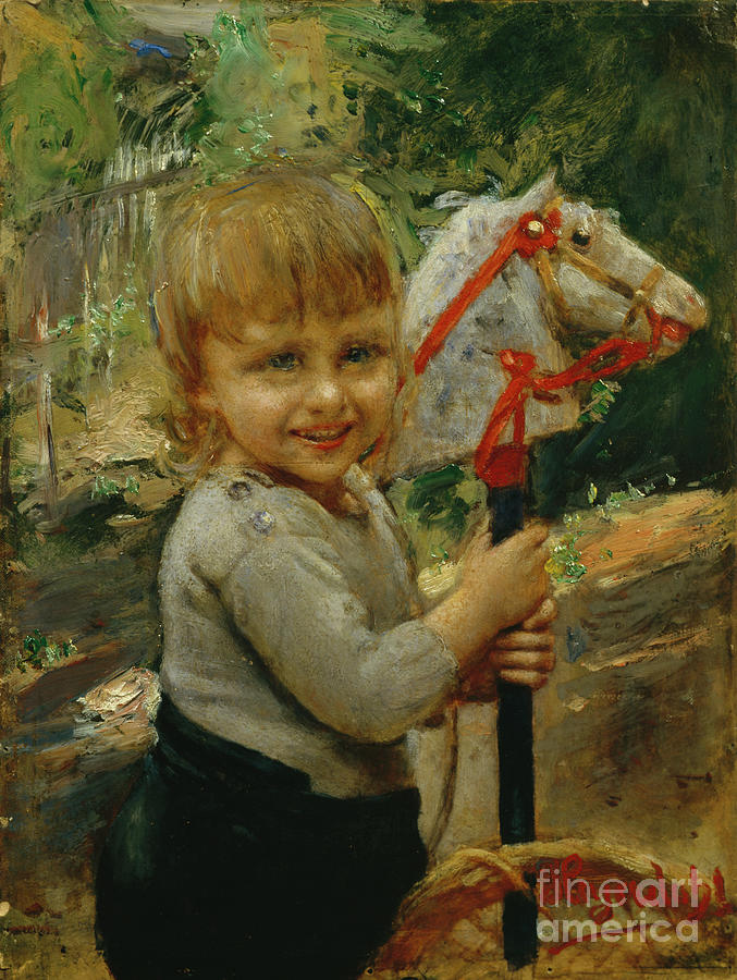 Boy with hobby horse, 1889 #1 Painting by O Vaering by Hans Heyerdahl