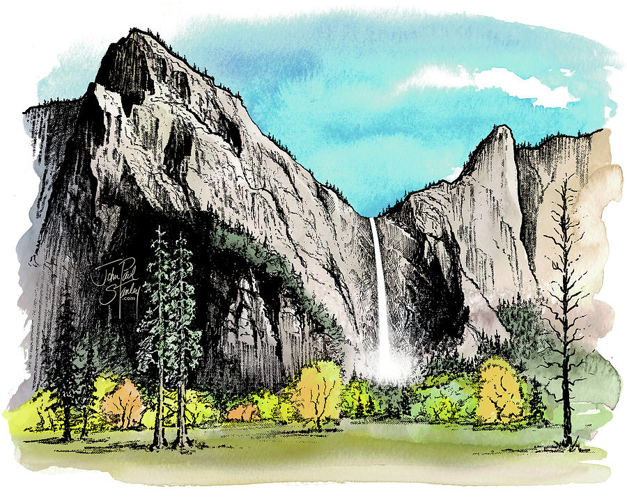 Bridalveil Fall, Yosemite #1 Drawing by John Paul Stanley