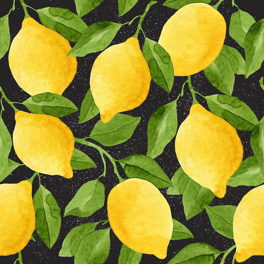 Bright Yellow Watercolor Lemons And Green Leaves Seamless Pattern Drawing