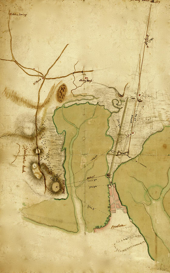 Map Drawing - British Lines on Boston Neck Bunker Hill 1775 #1 by Vintage Military Maps