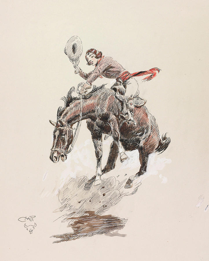 Charles Marion Russell Painting - Bucking Horse and Cowgirl  #1 by Charles Marion Russell