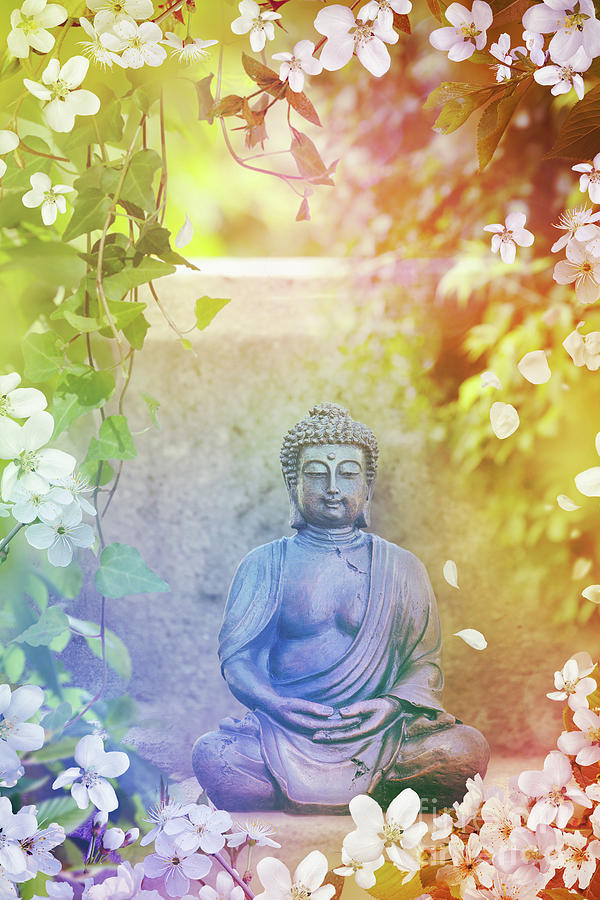 Buddha Garden Statue With Vines And Flowers #1 Photograph by Sandra Cunningham