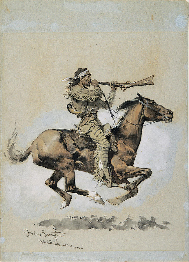 Frederic Remington Painting - Buffalo Hunter Spitting a Bullet into a Gun  #1 by Frederic Remington