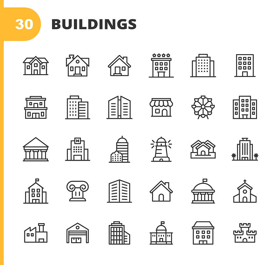 Building Line Icons. Editable Stroke. Pixel Perfect. For Mobile and Web. Contains such icons as Building, Architecture, Construction, Real Estate, House, Home, School, Hotel, Church, Castle. Drawing by Rambo182