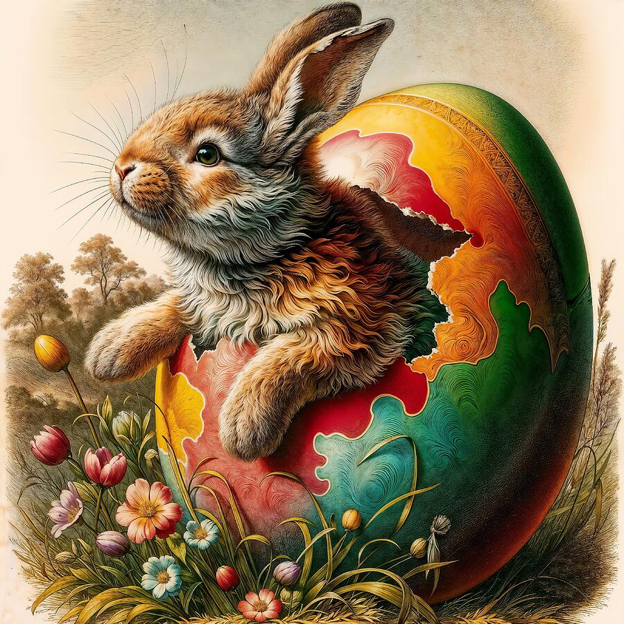 Easter Digital Art - Bunny emerging from an Easter egg - inspired by Albrecht Durer #1 by Black Papaver