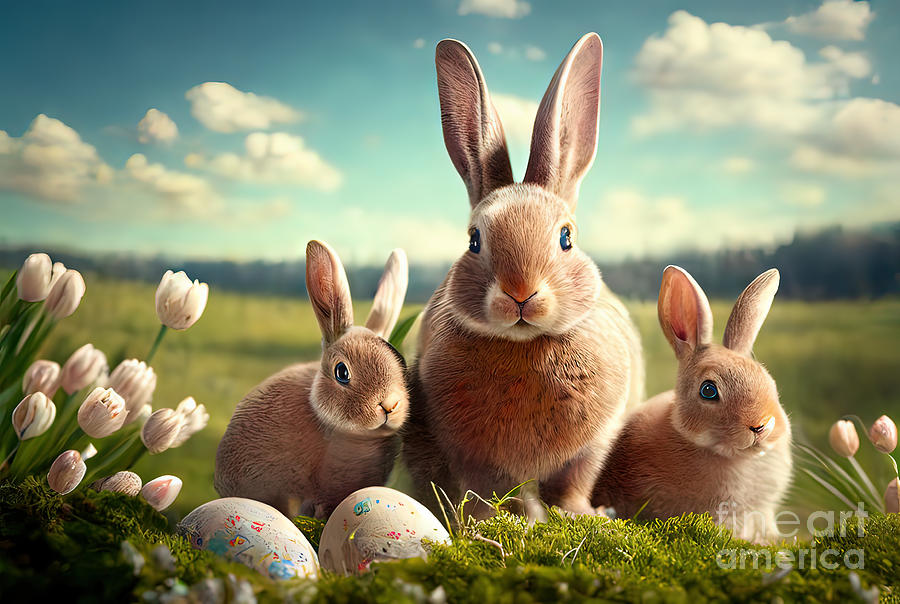 Bunny family with easter eggs on spring meadow. #1 Photograph by Michal Bednarek