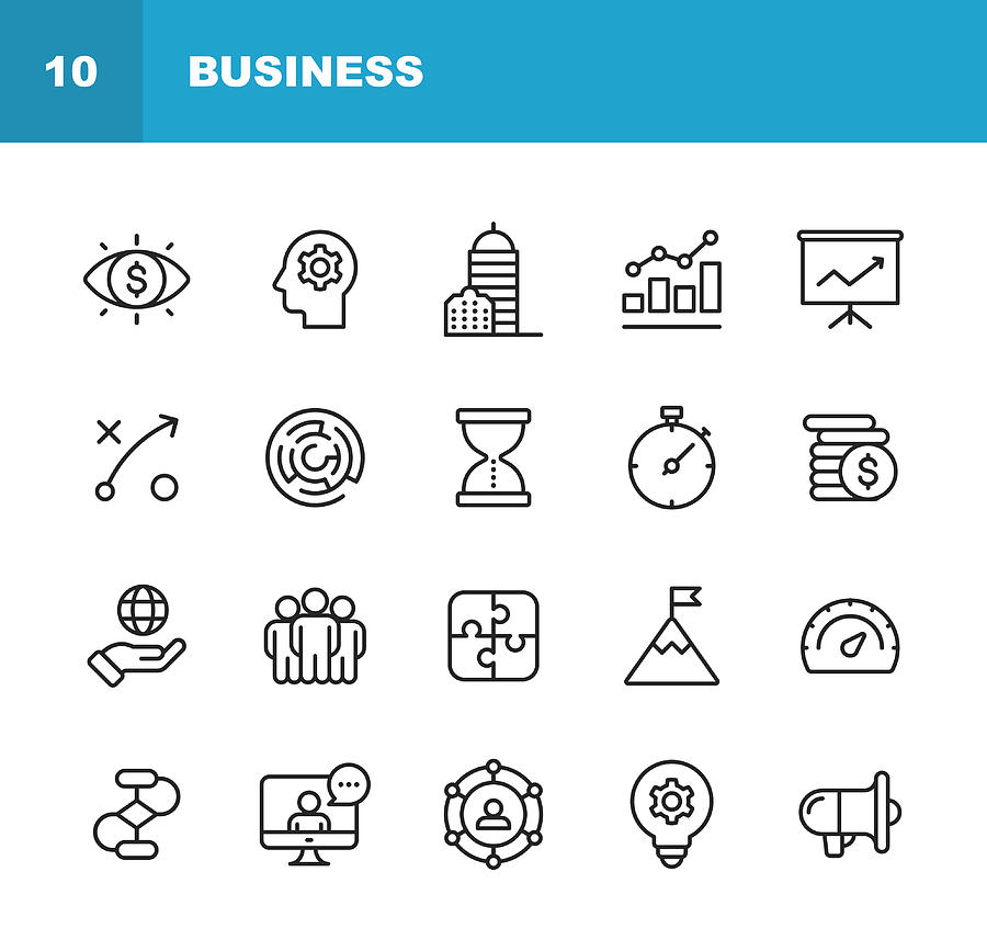 Business Line Icons. Editable Stroke. Pixel Perfect. For Mobile and Web. Contains such icons as Business Vision, Headquarters, Business Strategy, Global Economy, Network. #1 Drawing by Rambo182