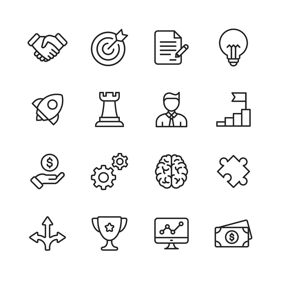 Business Line Icons. Editable Stroke. Pixel Perfect. For Mobile and Web. Contains such icons as Handshake, Target Goal, Agreement, Inspiration, Startup. #1 Drawing by Rambo182