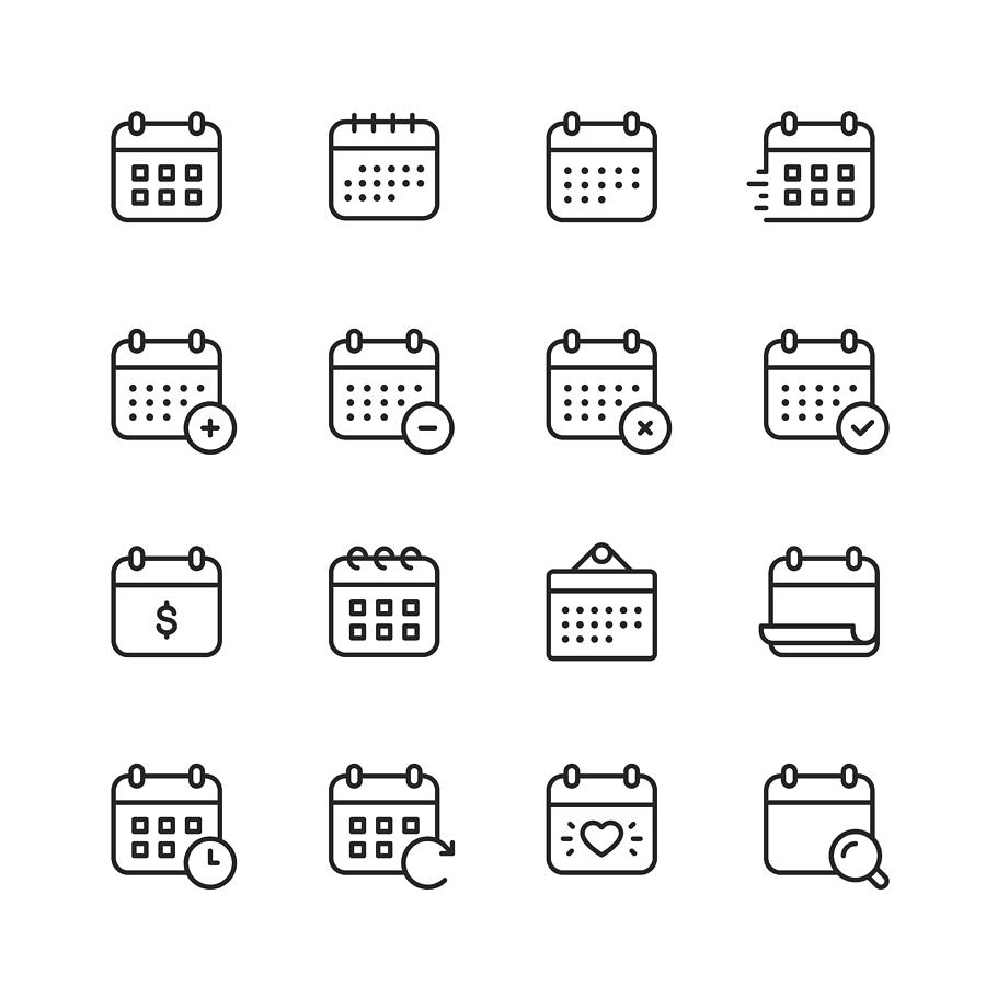 Calendar Line Icons. Editable Stroke. Pixel Perfect. For Mobile and Web. Contains such icons as Calendar, Appointment, Payment, Holiday, Clock. #1 Drawing by Rambo182