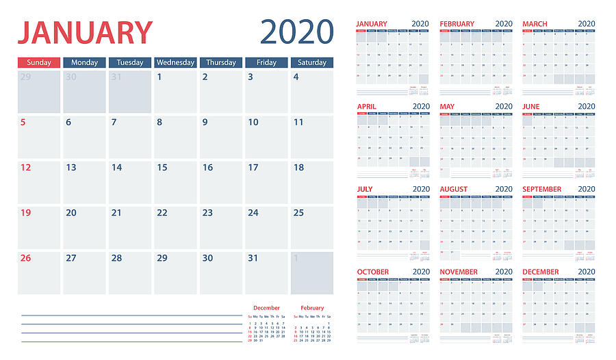 Calendar Planner 2020 - Vector Template. Days start from Sunday #1 Drawing by Pop_jop
