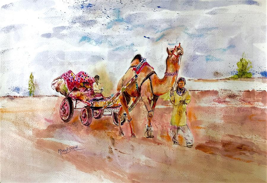 Camel cart. #1 Painting by Khalid Saeed