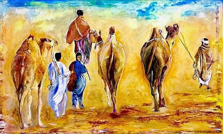Camels and handlers. #1 Painting by Khalid Saeed