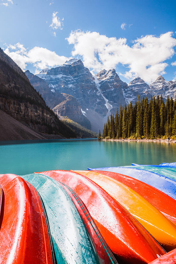 Canoes at Moraine lake, Banff National Park, Canada #1 Photograph by Matteo Colombo