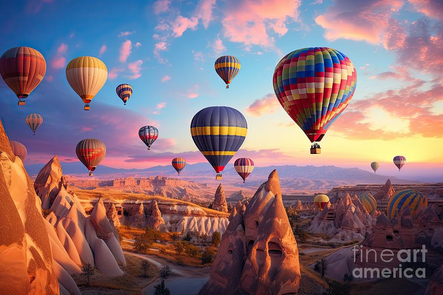 Cappadocia air balloons flying at sunset in Turkey #1 Digital Art by Benny Marty