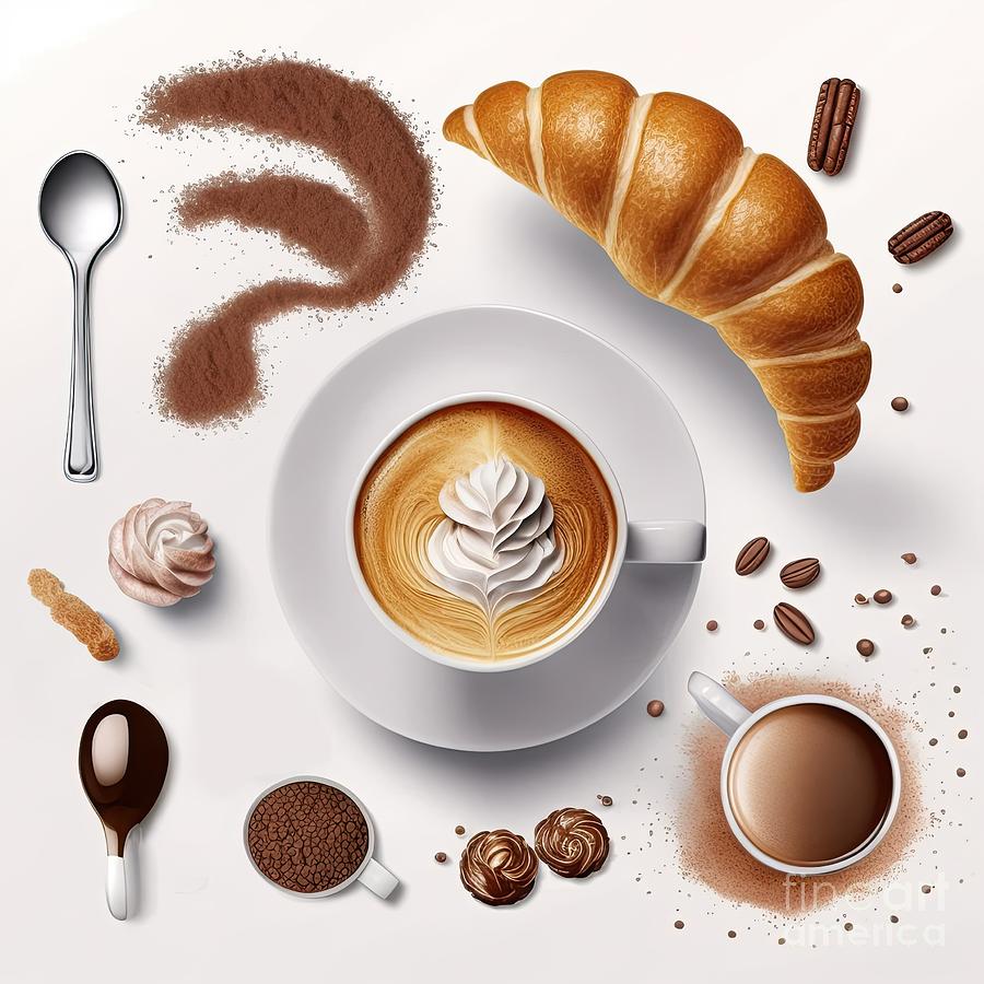 Cappuccino and coffee cups, knolling breakfast #1 Digital Art by Benny Marty