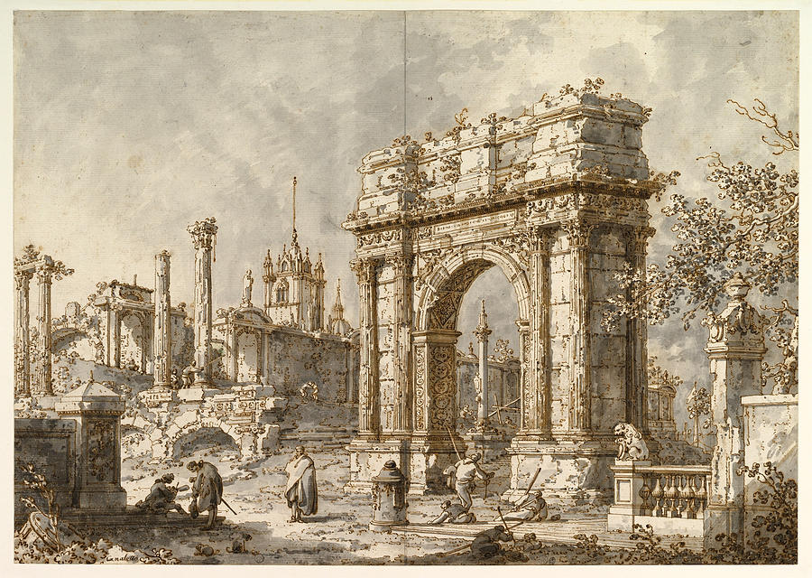 Capriccio with a Roman Triumphal Arch #2 Drawing by Canaletto