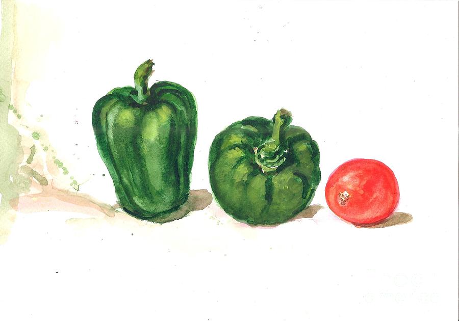 Capsicum and tomato #1 Painting by Asha Sudhaker Shenoy