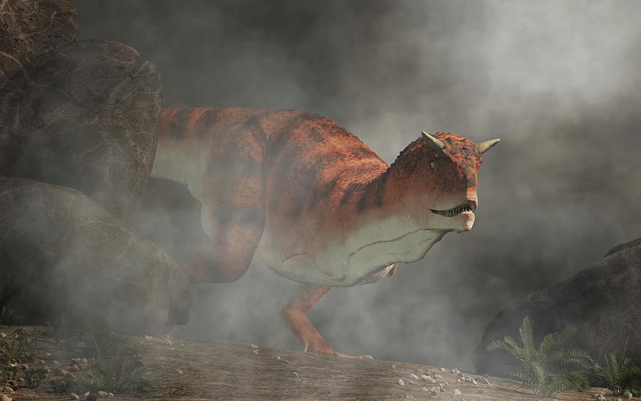 Carnotaurus emerging from fog #1 Digital Art by Daniel Eskridge