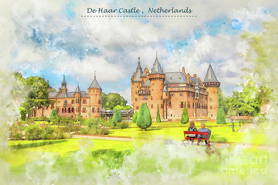 castle De Haar Castle in Netherlands in sketch style Digital Art by Ariadna De Raadt