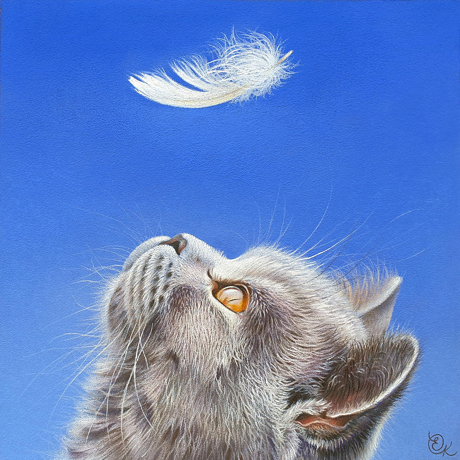 British Blue Drawing - Cat and feather #1 by Elena Kolotusha
