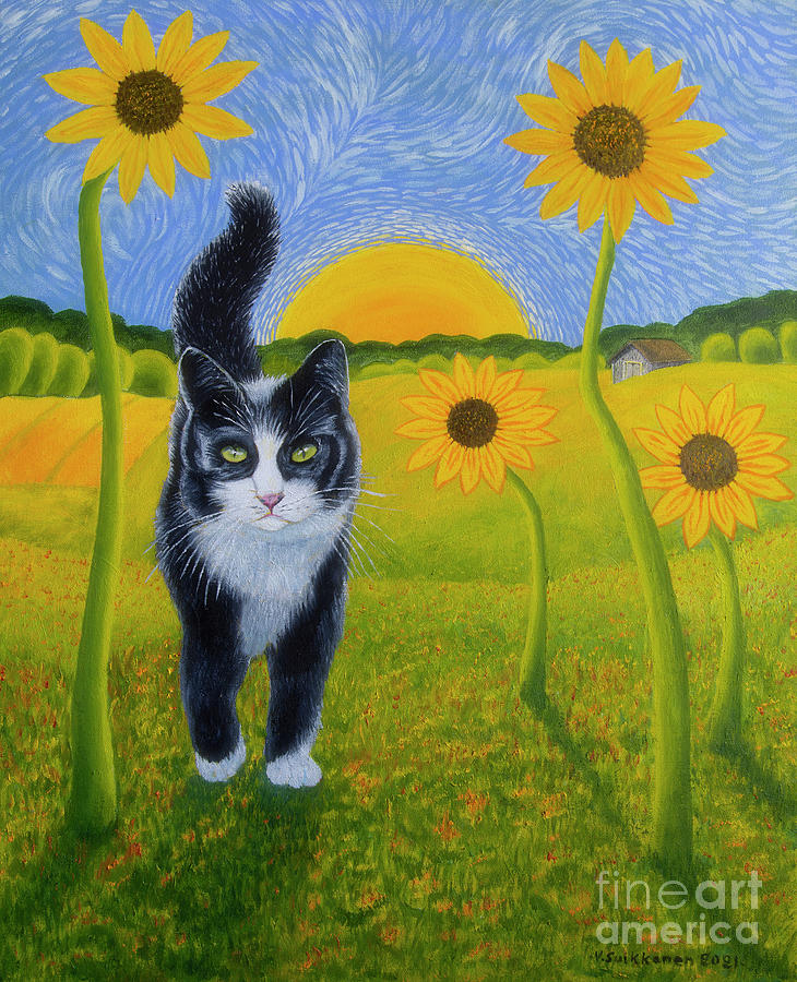 Cat And Sunflowers Painting