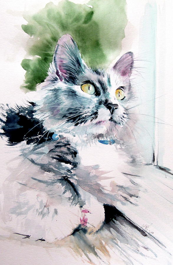 Cat Painting - Cat in front of the window #1 by Kovacs Anna Brigitta