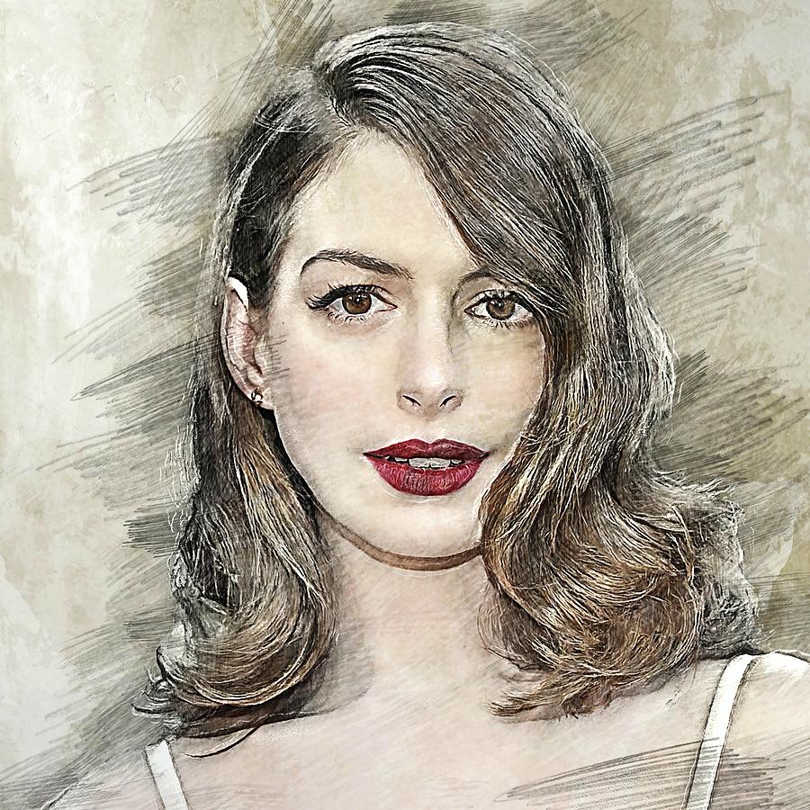 Celebrity Hathaway Anne Pencil Drawing Drawing by Bechtelar Natalia