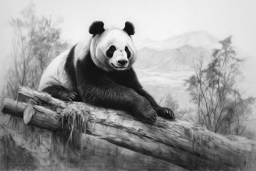 Wildlife Drawing - Charcoal Drawing, Panda Bear #1 by David Mohn