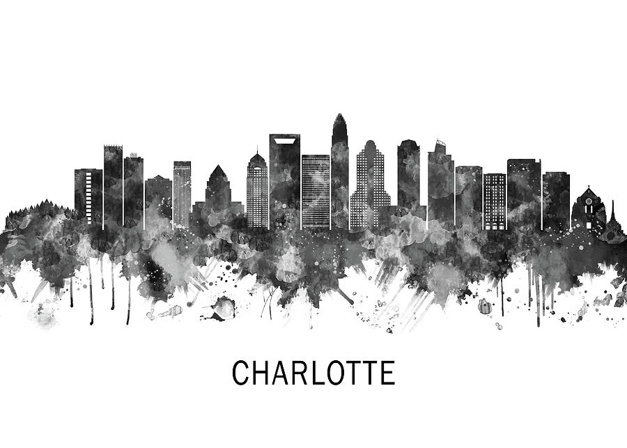 Charlotte North Carolina Skyline Bw Mixed Media