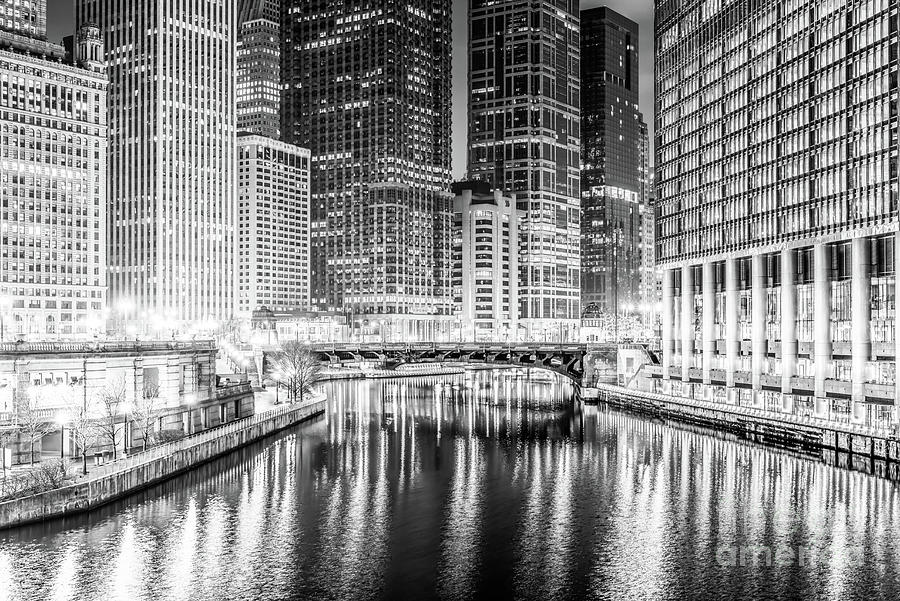 Chicago River Skyline at Night in Black and White #1 Photograph by Paul Velgos