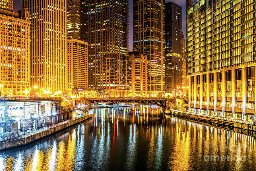 Chicago River Skyline at Night #1 Photograph by Paul Velgos