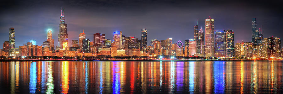 Chicago Skyline Photograph - Chicago Skyline 2021 NIGHT Panorama by Jon Holiday