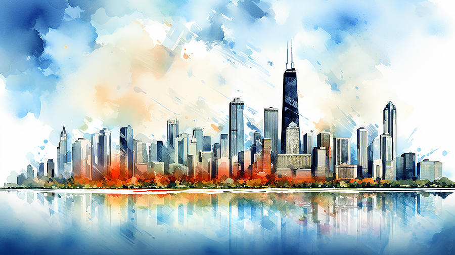 Chicago Skyline Watercolour #16 Mixed Media