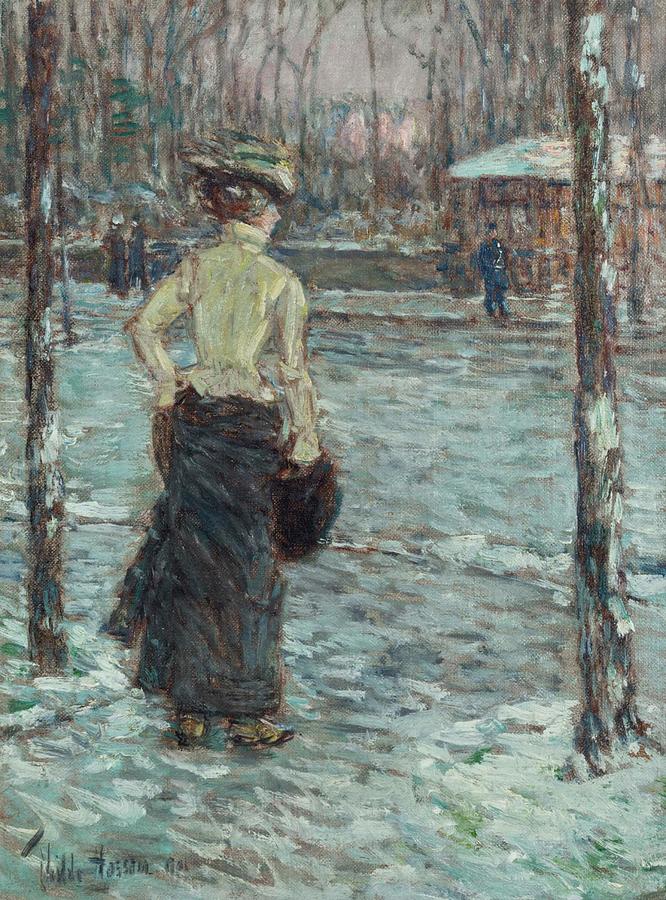 Childe Hassam - Winter, Central Park  #1 Painting by MotionAge Designs