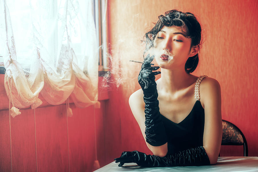 Chinese woman smoking vintage portrait #1 Photograph by Philippe Lejeanvre