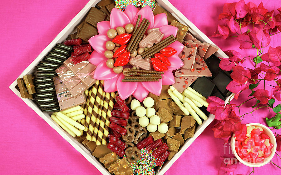 Chocolate dessert charcuterie grazing platter tray on modern pink background #1 Photograph by Milleflore Images