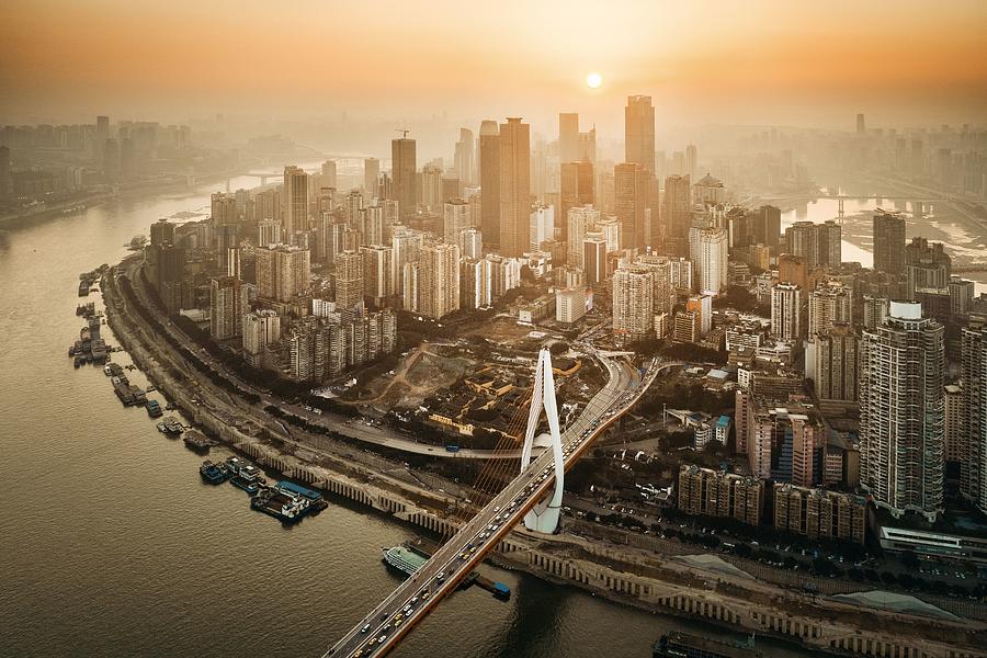 Chongqing Urban buildings aerial sunset #1 Photograph by Songquan Deng