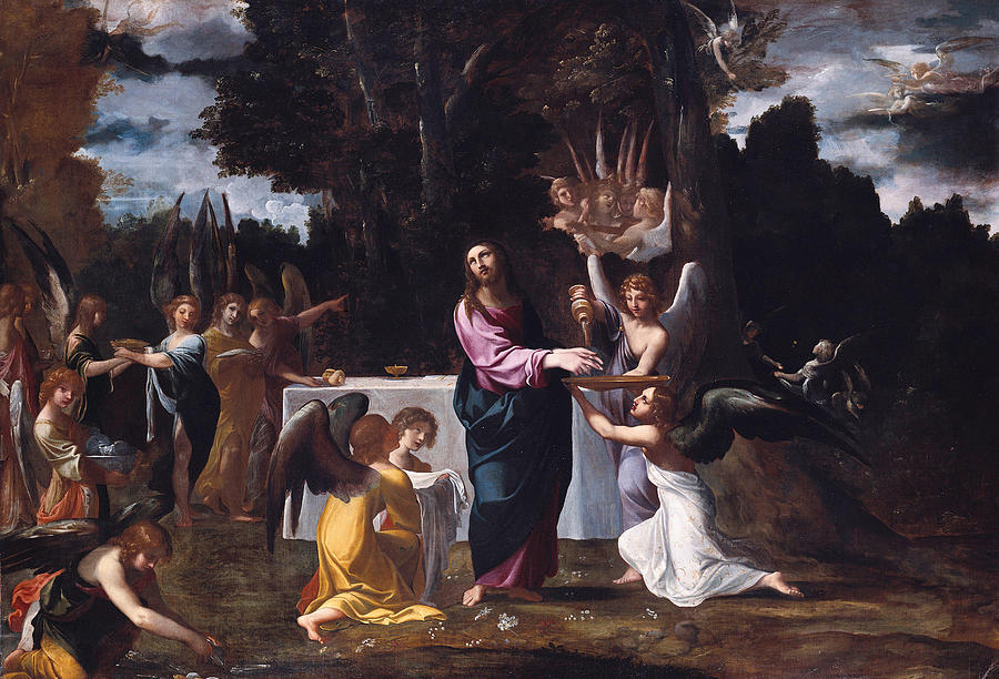 Ludovico Carracci Painting - Christ in the Wilderness  Served by Angels  #1 by Ludovico Carracci