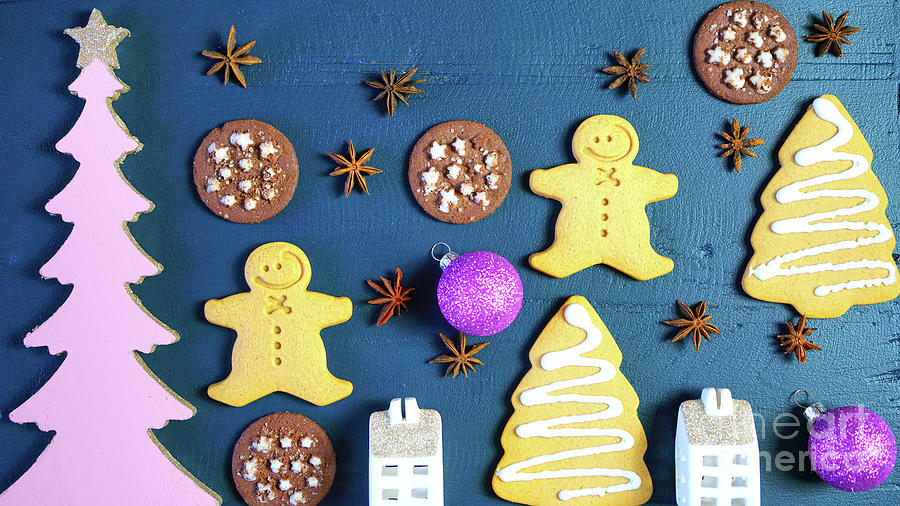 Christmas holiday flat lay composition of gingerbread and chocolate cookies. #1 Photograph by Milleflore Images