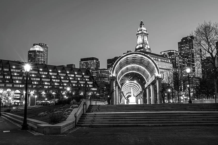 Christopher Columbus Park Boston MA Trellis Custom House Black and White #1 Photograph by Toby McGuire