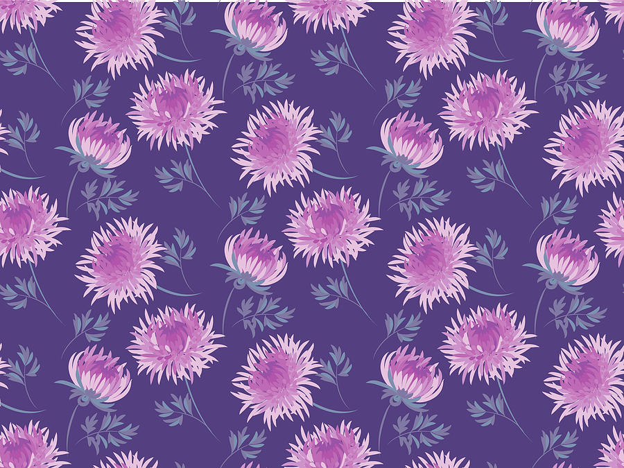 Chrysanthemum Flower Seamless Pattern In Violet Elegant Color Drawing