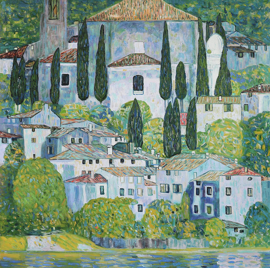 Church in Cassone. Landscape with Cypress. Painting by Gustav Klimt